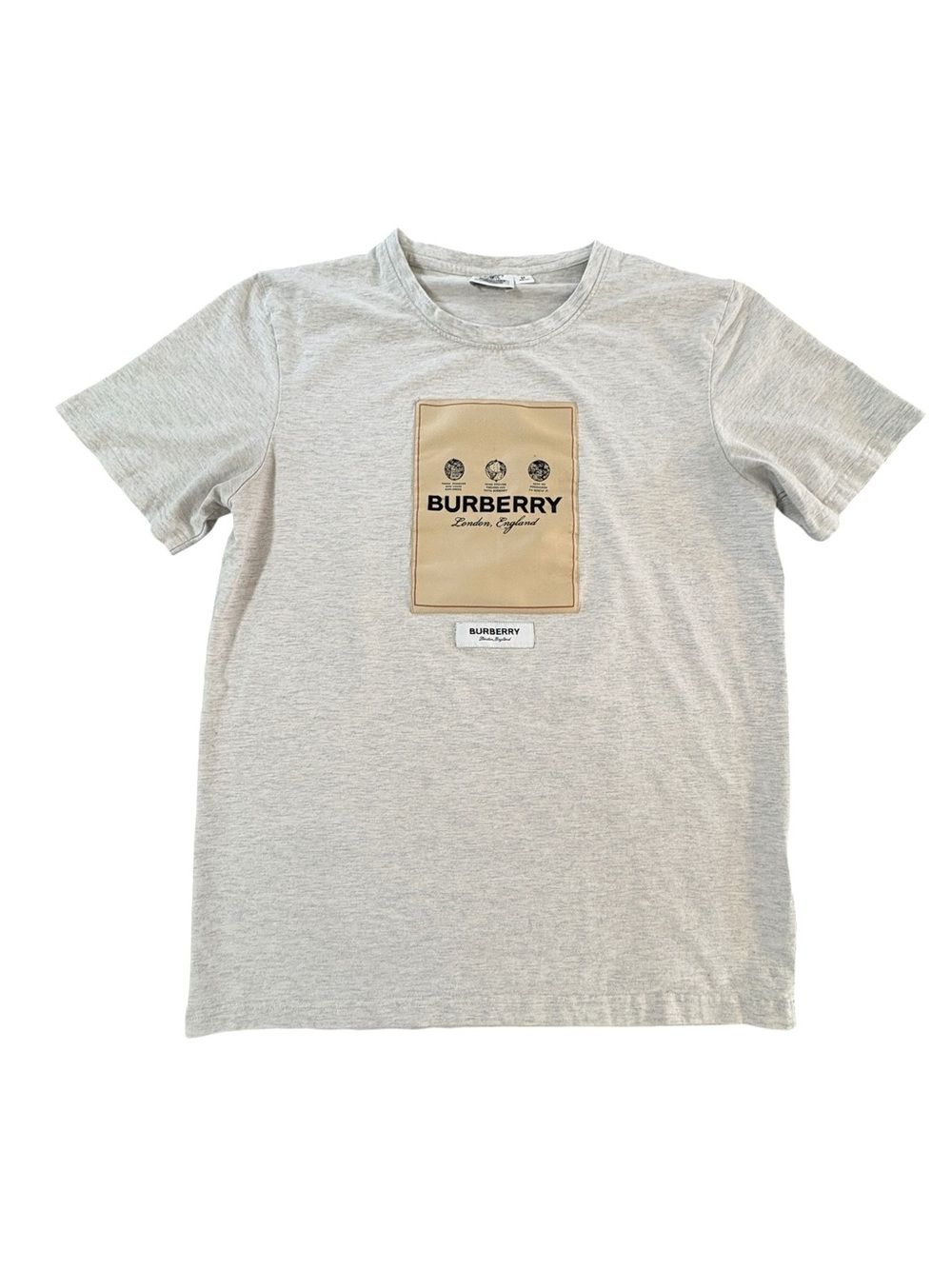 Burberry Kids Cedar Label-Print T-Shirt Gray Logo Patch Sz. M
